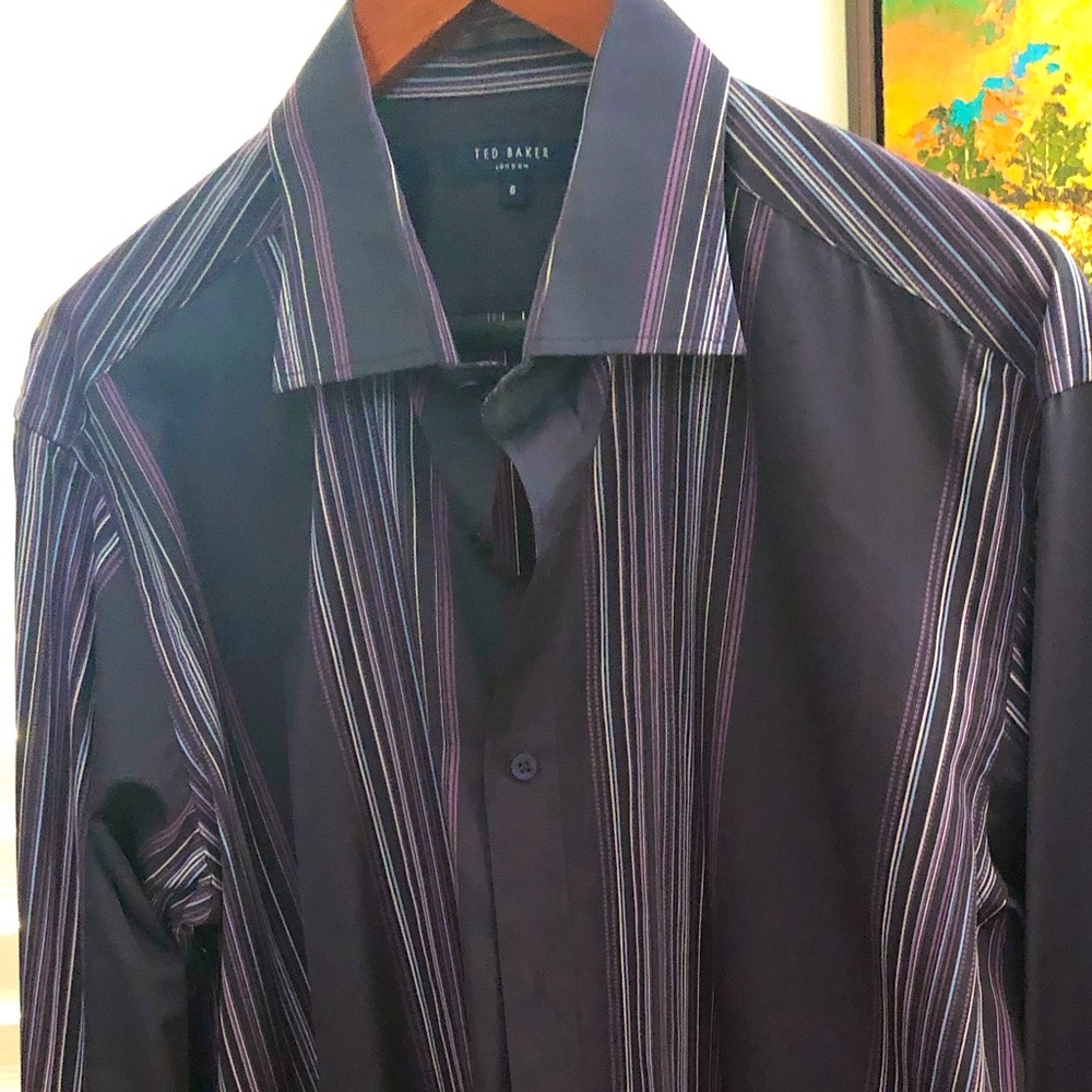 Ted Baker London Charcoal Gray & Purple Striped Long Sleeved Shirt-Size 6 (XL)